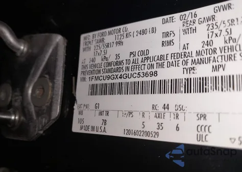 2016 Ford Escape Se z USA, uszkodzony, nr VIN 1FMCU9GX4GUC53698